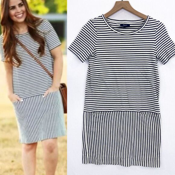 MADEWELL Dockside T-shirt Short Sleeve Striped Boxy Dress Navy Blue XS Nautical - Picture 1 of 8